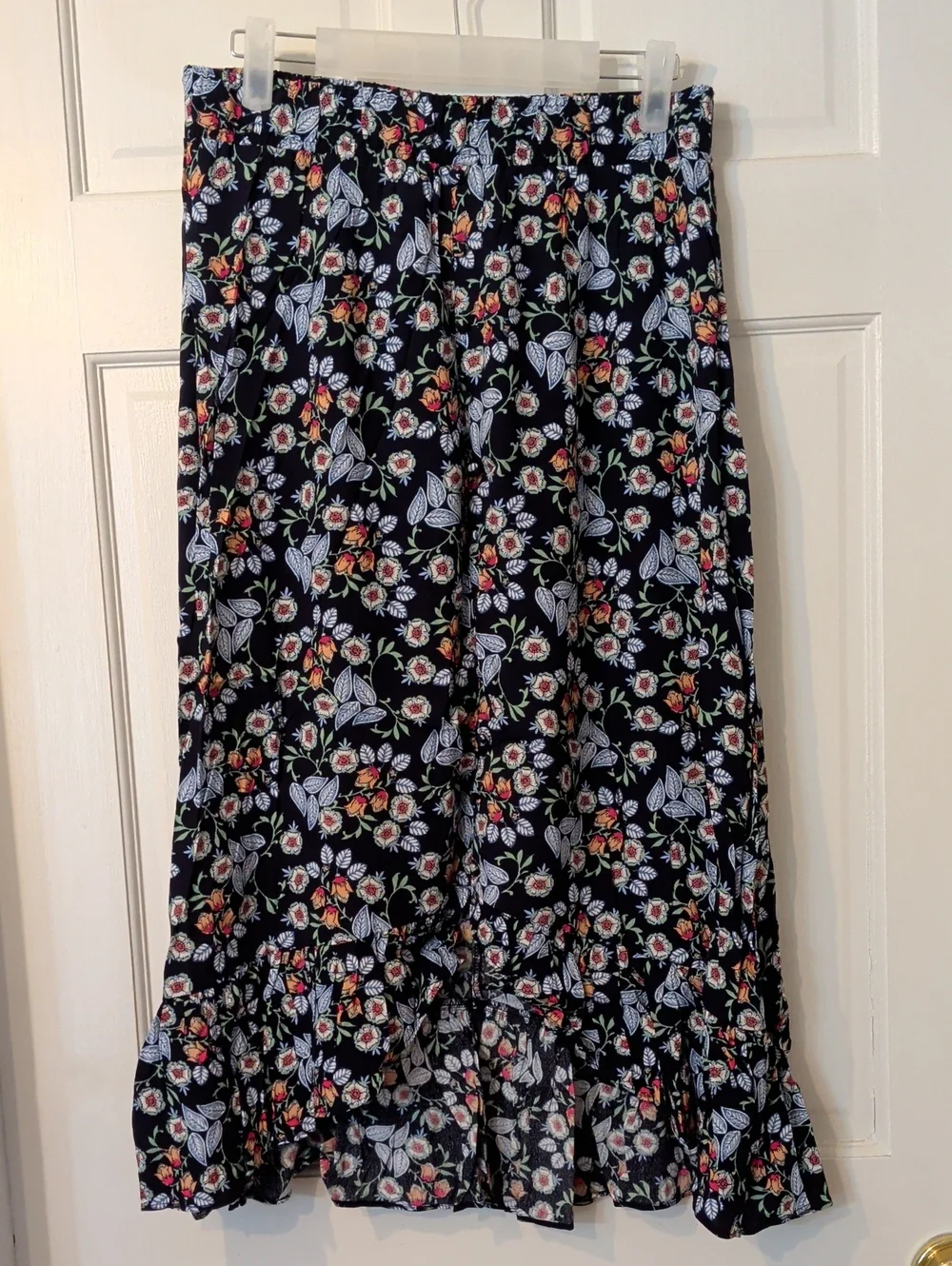 LOFT Navy Floral Maxi Skirt with Ruffle Hem